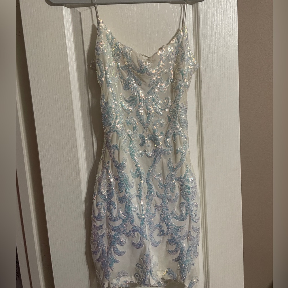 White Sequin Spaghetti-Strap Prom Dress with Blue Iridescent Accents